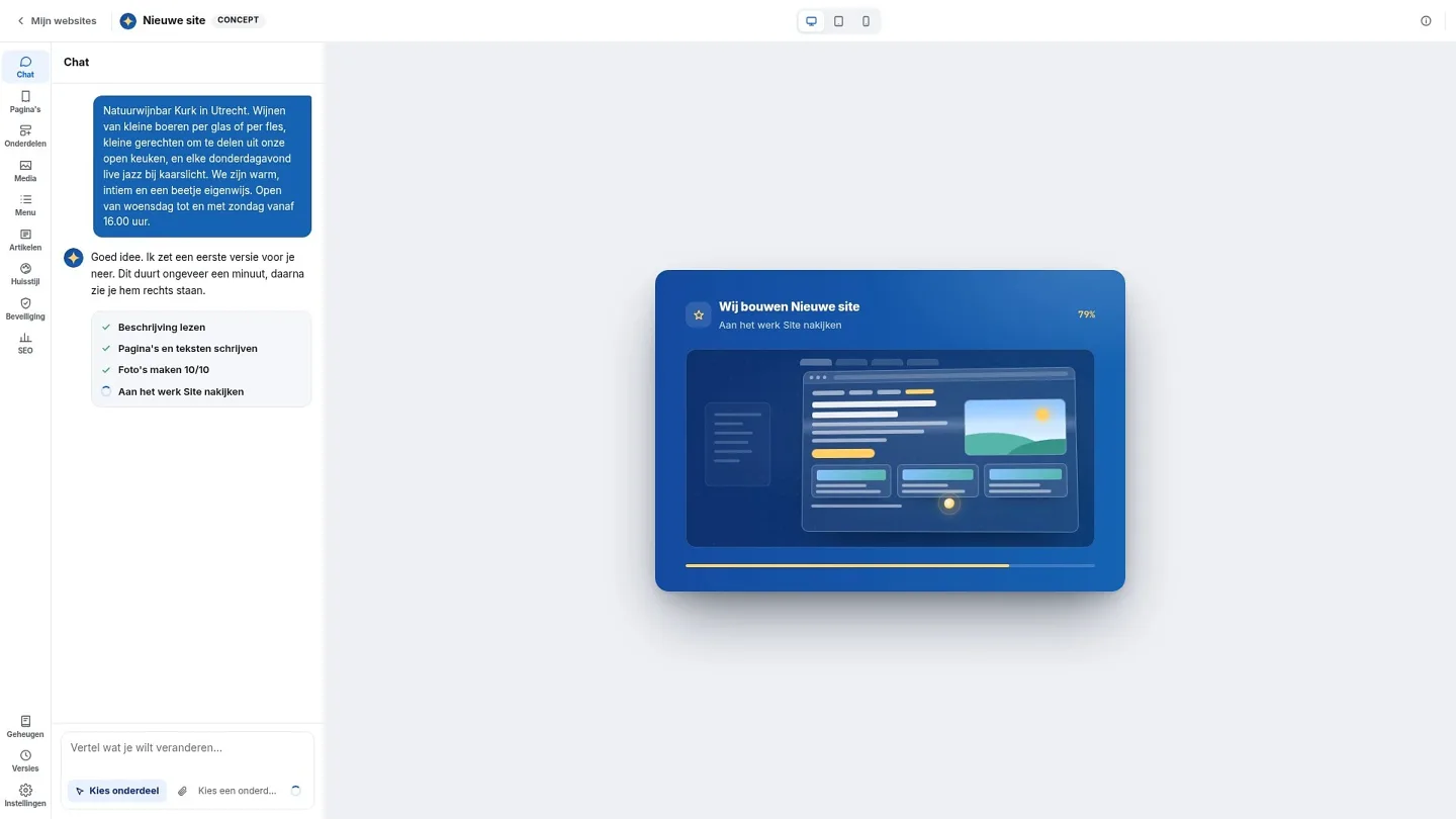 Az AI Builder építi a weboldalt: bal oldalon a chatben kipipálódnak a lépések, jobb oldalon egy folyamatjelző sáv telik meg.
